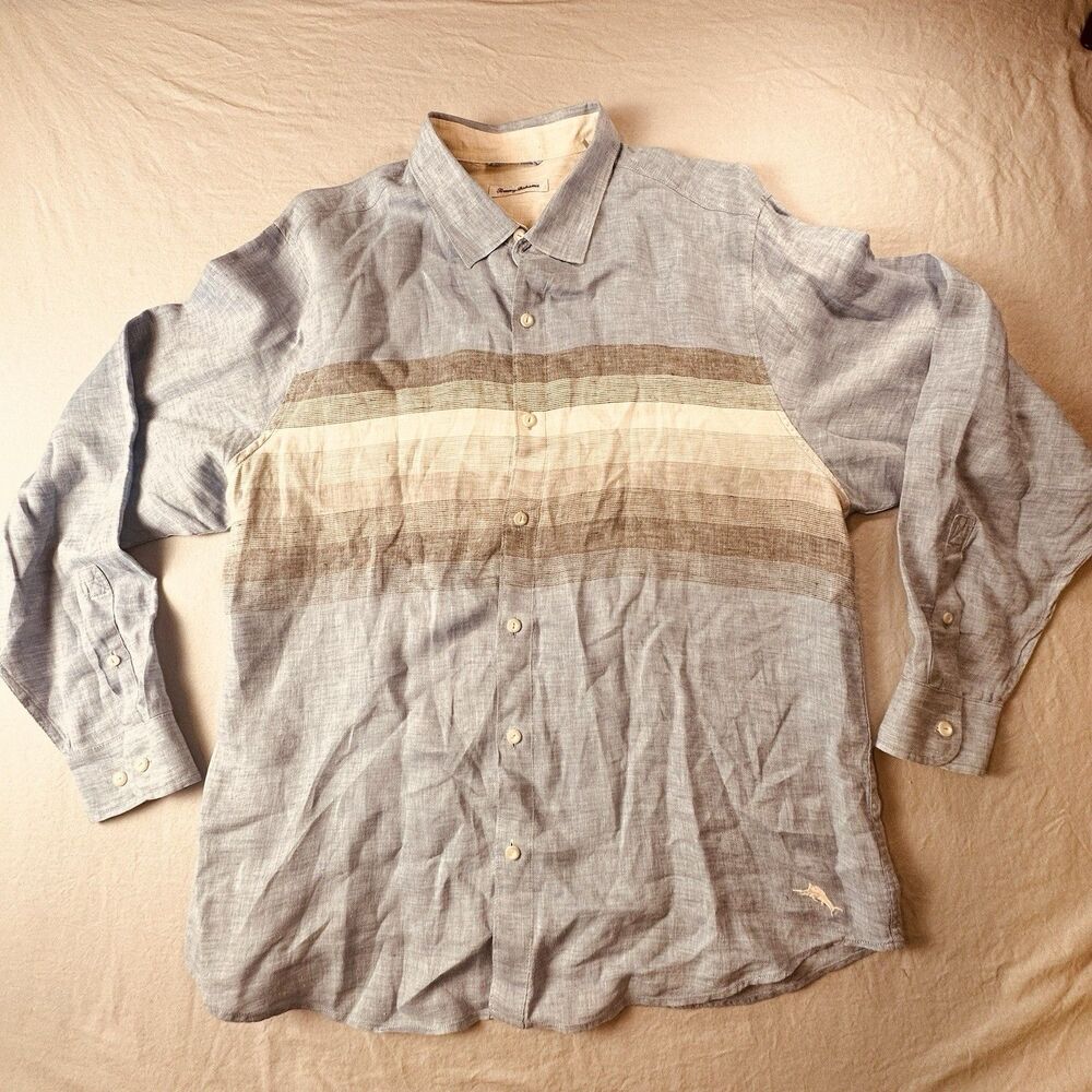 Tommy Bahama 100% Linen Long Sleeve Button Down Shirt Light Blue Gray Stripe XXL